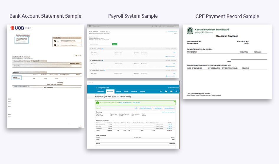 Documents you'll need: Bank Account Statement, Payroll System, CPF Payment Records