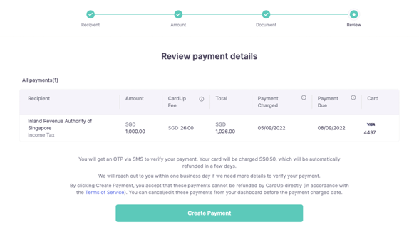 Review your payment details before scheduling on CardUp