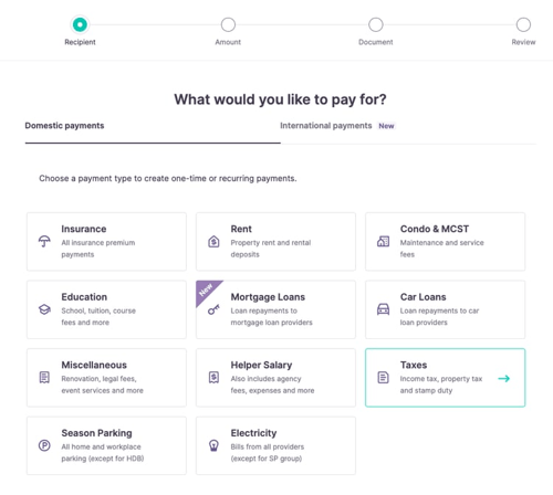 What would you like to pay on CardUp? View the list of payment types